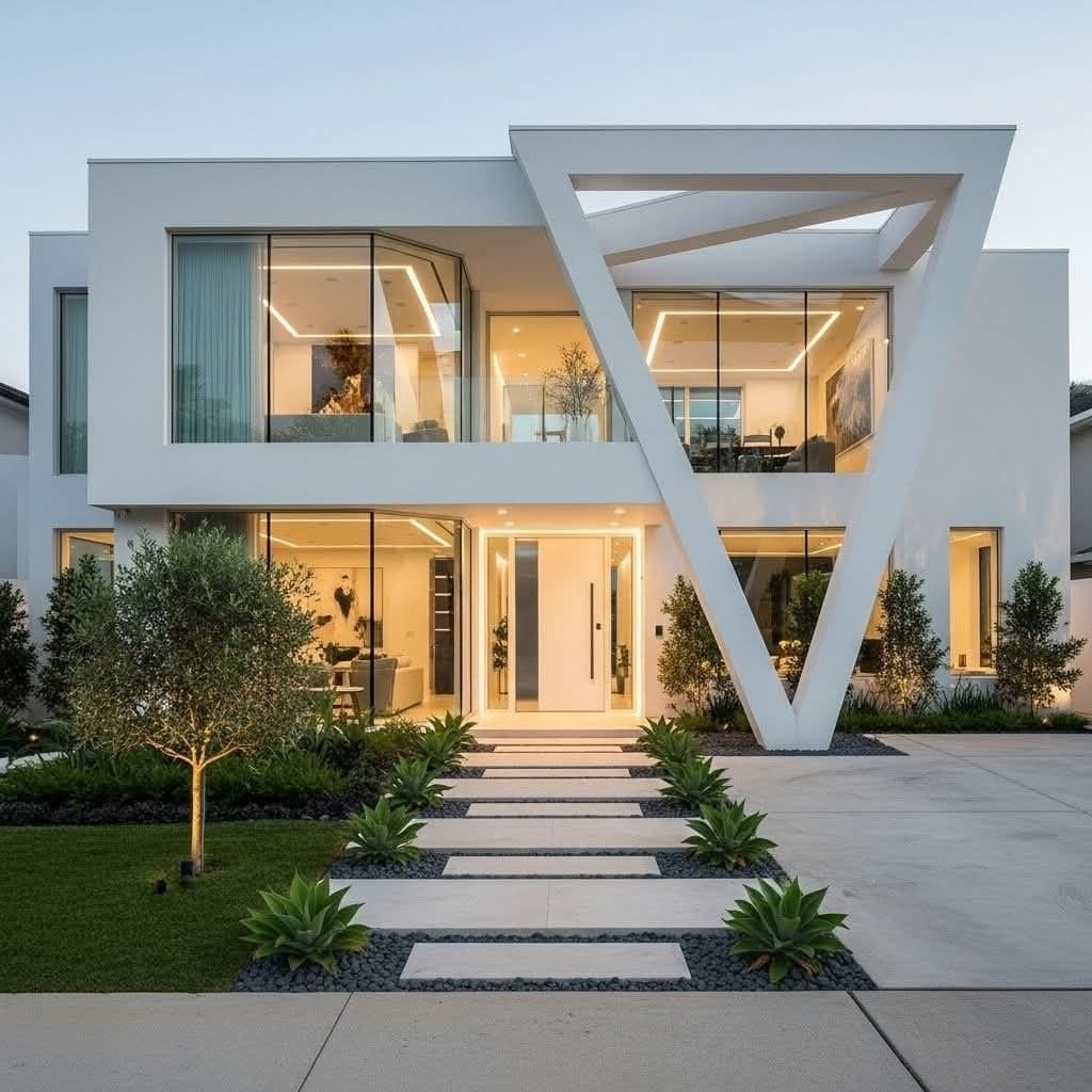 Edificio blanco de líneas curvas iluminado al anochecer, entre olivos.